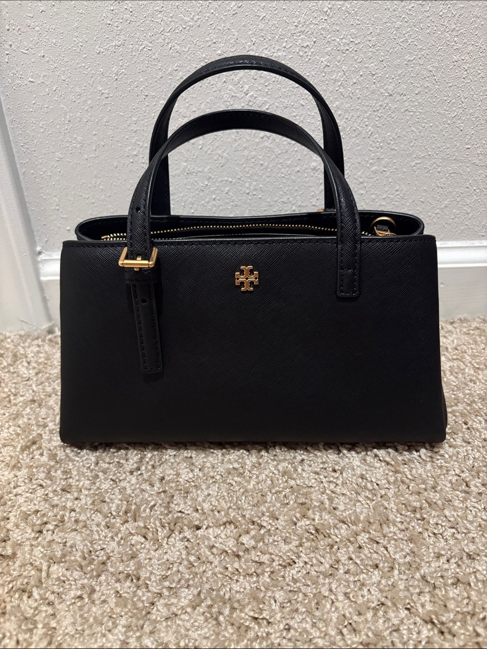 Tory Burch Black Saffiano Leather Top-Handle Satchel with Gold Logo